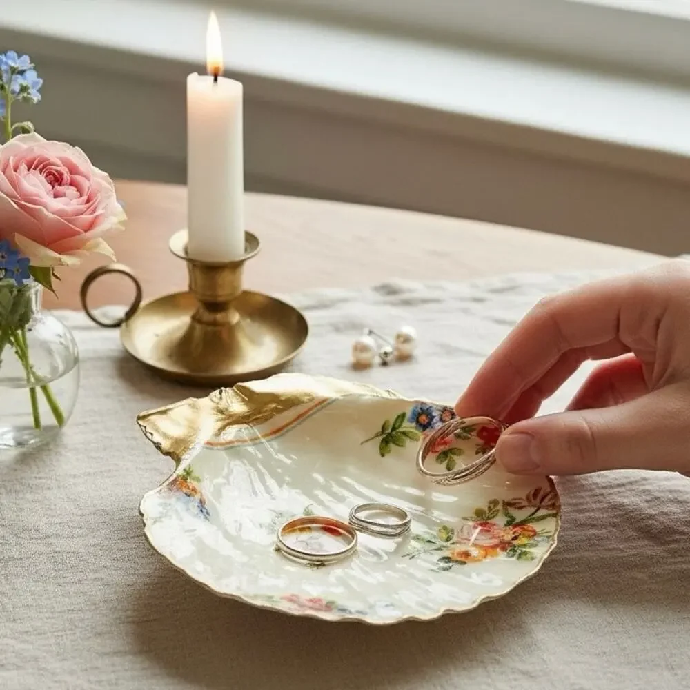 Vintage Floral Trinket Dish | Scallop Shell Jewelry Dish | Cottage Decor